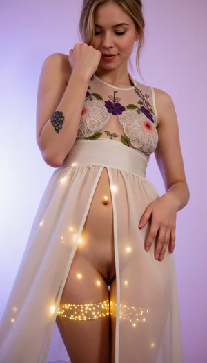 Dreamy, surreal, (double exposure:1.3), full-bodied tender girl in a silk dress with flowers, which turns into a portal, inside, (a sunny meadow carpet with glowing clover and lights swirling like stardust:1.2), modestly lowered eyes, (with long eyelashes casting shadows), a quiet smile, hands softly bent at the waist, (revealing an icy wrist with an invisible tattoo), (intriguing embroidery of grapes crawling up the sleeves to the elbows:1.1), transparent layers of the dress emphasizing the soft contours of her hips and bare cheeks, blush on her cheeks with small circles, soft golden-silver lighting enveloping her, (like a cloud), isolated on a lavender-pink gradient, (fading to white in the corners), high detail, skin with a meadow glow, waves of hair with captured lights, cinematic the backlighting that makes her silhouette look like a halo, the quiet eroticism in the way the dress clings to her hips and the way she modestly hides her face but can't hide her magnetism., bo-exposure, <lora:boFLUX Double Exposure Magic v2:.8>