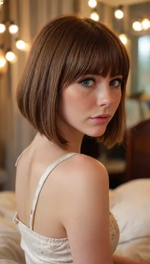 ziprealism, (romantic intimacy esthetic), (adorable woman, charming girlfriend, soft smile, warm loving gaze, sitting on a big comfy bed, in a cozy modern bedroom:1.2), (f/2.8, shallow depth of field, creamy bokeh, extreme face closeup shot, tight headshot, layered composition with subtle foreground, strong shadowy vignette, focus on eyes:1.4), (rich auburn hair, blunt bangs hair, voluminous hair, inverted Bob hair cut, A-line Bob hair cut, short hair, straight hair, hair framing face:1.8), (catchlights, sharp contrasting limbal rings, large expressive eyes, stunning eyes, perfect eyes, slightly downturned eyes, long delicate eyelashes), (soft facial features, subtle freckles:1.4), igbaddie, <lora:igbaddie-XL:.8>, <lora:MJ52:.8>