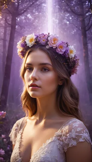 Dreamy, surreal, (double exposure:1.3), beautiful girl with flower crown as portal, (inside, magical forest with glowing flowers and mysterious fountain surrounded by haze:1.1), intricate floral details on crown, soft golden light around girl, isolated on soft purple background, very detailed, cinematic lighting., <lora:luxart:.8>