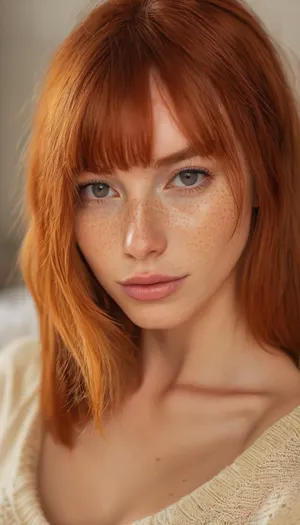 ziprealism, (romantic intimacy esthetic), (adorable woman, charming girlfriend, soft smile, warm loving gaze, cozy modern bedroom, comfy sweao, off the shoulder:1.2), (f/2.8, shallow depth of field, creamy bokeh, extreme face closeup shot, tight head shot, focus on eyes:1.4), (vibrant ginger hair, blunt bangs hair, voluminous hair, inverted bob hair cut, A-line bob hair cut:1.8), (catchlights, sharp contrasting limbal rings, large expressive eyes, stunning eyes, perfect eyes, slightly downturned eyes, long delicate eyelashes), (soft facial features, subtle freckles), igbaddie, <lora:igbaddie-XL:.4>, <lora:MJ52:.8>