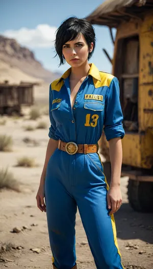 short black hair, Fallout game universe, in post nuclear desert, woman short unbuttoned nylon fully blue work jumpsuit, number 13 in yellow letters on the back, leather belt, combat boots, show nipples, raw, <lora:MJ52:.8>, Portrait, professional, color, grading, <lora:208210_training_data:.8>