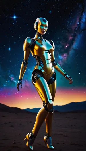 A robotic android woman dancing amongst the stars of the galaxy