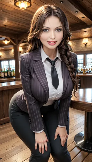 photorealistic, ((35 y/o gorgeous Veronika Zemanova)), best quality, afterglow, 4k, ((masterpiece)), extremely detailed, 8k, trending on ArtStation, Intricate, High Detail, Sharp focus, curvy, 1girl, ((perfect eyes)), ((brown skin tone, toned, dark skin tone)), (beautiful face, perfect eyes:1.2), (busty and curvy1.1), (busty hourglass body), (thick:1.2), (thick thighs), ((bar background, elegant bar, wooden floor, marble ceiling)), rating, safe, (large breasts:.8), (wide_hips), collarbone, (black velvet blazer, white collared shirt, black striped necktie, black plain pants), solo_focus, happy, smile, teeth, lips, (long brown hair, straight hair, brown eyes), ((leaning forward, hands on table)), 4ng3l, face, <lora:SDXL_BetterFaces-LoRA_v1:.5>, <lora:add-detail-xl:.5>, <lora:detailed_notrigger:.5>, <lora:milkers_v2:.8>, <lora:lora-sdxl-perfect-eyes:.7>