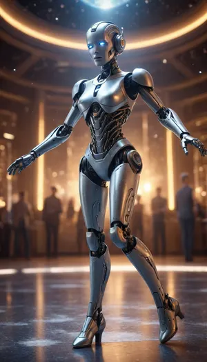 A robotic android woman dancing amongst the stars of the galaxy