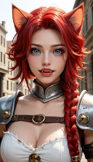German woman, solo, a very very very long thick braid, red hair, full lips, thick lips, huge chest circumference, torn battle armor Catgirl, big eyes, fangs, cat claws