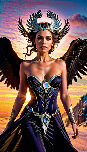 A illustration of a slender beautiful adult woman, She has a beautiful coquettish faded face, elaborate hairstyle, small breasts, highly detailed large beautiful crystal eyes, light glowing irises, heartshaped lips, lip gloss, aroused skin, iridescent perspective view. Far above the ravengate the spread wings of elder raven wait above the roaring depths sits the oath of frost on the elder raven throne older mountains sleeping in my sight by chilling woods i stand a grimly sound of naked winds is all that it shall ever be heard from here elder raven cometh the rightful kings of the highest halls cry of ravens lurk the realm eternally through the noctambulant grimness demons stride at the gate of elder raven mighty ravendark. sweeping circling composition, non-representational, colors and shapes, expression of feelings, imaginative, sunrise, long shadows, ground-fog, frost, epic mystical mood, detailed photo, photorealistic photo, realistic pretty women photo, night vision, soft fokus, parallax, overexposure, photo style, cinematic, filmic, scribbled lines, surrender, polychromatic, diffuse, #©KITTYART