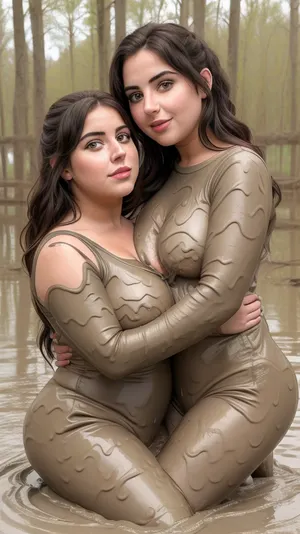 0308 there is a young cute woman and young obese woman hugging each other in a swamp, casal feliz, imagem de perfil, Lovely couple, momma and papa, Foto do perfil, retrato de casais, muito definido, retrato de casal, imagem de boa qualidade, real live couples. mud filed, they completely covered with mud, mud, muddy, girl, <lora:Mud:1.2>