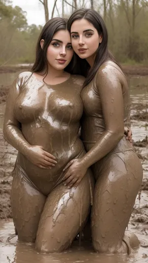 0308 there is a young cute woman and young obese woman hugging each other in a swamp, casal feliz, imagem de perfil, Lovely couple, momma and papa, Foto do perfil, retrato de casais, muito definido, retrato de casal, imagem de boa qualidade, real live couples. mud filed, they completely covered with mud, mud, <lora:dirty_mud_v0.4:1.1>