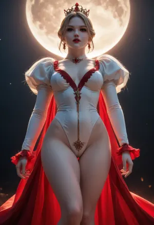 (((gorgeous vampire queen))), makeup, stand, (((night, dark background))), red and white suits, wide thigh, (((extreme large moon))), (((white skin))), (((fantasy art))), (((backlight)))