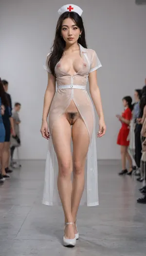 fashion week, modern, fancy light, white background, runway fashion show, 1girl, (Asian:2), nurse, front view, view front, walking, (Chinese nurse long hair style), transparent nurse dtess uniform, see through nurse dress uniform, (lots makeup:1.2), long black hair, (visable black thick pussy hair:1.7), long hard nipples, white flesh stockings, white low heels shoes, cool face expression, show, podium, walks, posing, fashion, runway, <lora:MaybeBetterFaceInFullBodyLora_XL_rev3:1.1>, <lora:fashion_runw4y:1.6>, <lora:493467_training_data:1.2>, <lora:concept_surgeon_xl_v1:.6>, <lora:nurse_uniform_xl_v1_1:1.8>