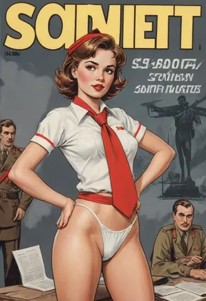 (single drawn girl:1.3), (illustration:1.3), (hand drawn:1.3), (drawn comics book cover:1.3), (TITLE text, "Soviet":1.3), (Soviet pioneer girl:1.2), Soviet pioneer girl 18yo, in a red scout tie on neck, white panties, sexy random pose, sovietForm, sopi, erotic in the background, <lora:iltromba_artwork_style_smm_SDXL_LORA_v07:.5>, <lora:text:1.1>