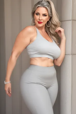 sexy granny mature, sexy 65 years old, dark blonde hair with highlights, ponytail long wave hair, very fat chubby, thick body, tight highwaist gray pants, white loose low-cut v-neck tank top, sexy face, looking back at the viewer, big eyes, chubby face, make up, hoop earrings, lipstick, curvy body, walking, back view, shwoing her back, full body view, huge culottes, big culotes, huge celullite butt, sexy back, (big wide hips)