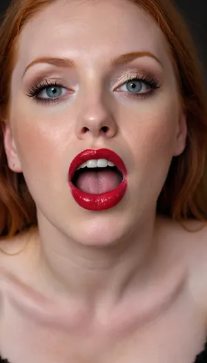 Blowjob, blowjob, 2 women. Hyperrealistic photo of a beautiful gothic ginger haired woman 28 years of age, she is knealing, looking up at the viewer with foxy eyes. She is surprised by the cumload. She is wearing red lipstick or lip gloss. She is covered in cum on her face and lips following a blowjob.Her hair is loosely tied up, messy from the blowjob she has just hive She is a uk size 14. 38d breasts, barely managing to stay in her dress.Image style-explicit
Suggestively sucking on something phallic in shape