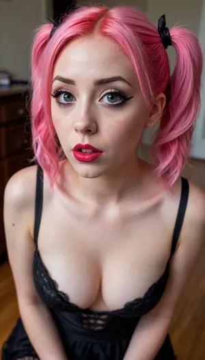 Hyperrealistic ahegao photo of a beautiful gothic next door type woman in her 20s, bright pink haired, she is knealing, looking up at the viewer at an angle of 45 degrees upward, with gorgeous big eyes. She is surprised. She is wearing red lipstick or lip gloss. Her hair is loosely tied in pigtails, Her hair is slightly bedraggled. Image style-explicit, her make up is ruined and messy. She is wearing a tight dress, flattering her curves. Ahegao pose
