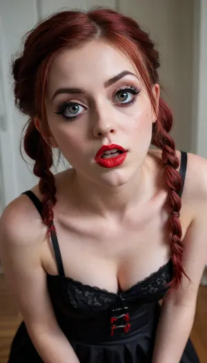Hyperrealistic ahegao photo of a beautiful gothic next door type woman in her 20s, auburn haired, she is knealing, looking up at the viewer at an angle of 45 degrees upward, with gorgeous big eyes. She is surprised. She is wearing red lipstick or lip gloss. Her hair is loosely tied in pigtails, Her hair is slightly bedraggled. Image style-explicit, her make up is ruined and messy. She is wearing a tight dress, flattering her curves. Ahegao pose