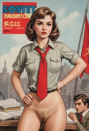 (single drawn girl:1.3), (illustration:1.3), (hand drawn:1.3), (drawn comics book cover:1.3), (TITLE text, "Soviet":1.3), (Soviet pioneer girl:1.2), Soviet pioneer girl 18yo, in a red scout tie on neck, hairy pussy, sexy random pose, sovietForm, sopi, erotic in the background, <lora:iltromba_artwork_style_smm_SDXL_LORA_v07:.5>, <lora:text:1.1>