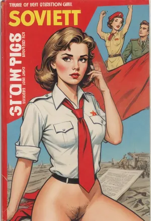 (single drawn girl:1.3), (illustration:1.3), (hand drawn:1.3), (drawn comics book cover:1.3), (TITLE text, "Soviet":1.3), (Soviet pioneer girl:1.2), Soviet pioneer girl 18yo, in a red scout tie on neck, hairy pussy, sexy random pose, sovietForm, sopi, erotic in the background, <lora:iltromba_artwork_style_smm_SDXL_LORA_v07:.5>, <lora:text:1.1>