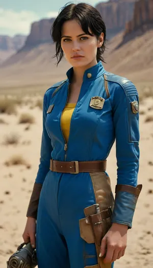 short black hair, in post nuclear desert, woman short unbuttoned and unzipped nylon fully blue work jumpsuit, leather shoulder pads, 13 yellow number on the back, leather belt, combat boots, (((show nipples))), raw, Portrait, professional, color, grading, Lucy, <lora:MJ52:2>, <lora:208210_training_data:2>, <lora:Lucy:.3>, wearing, a, Vault, Suit, with, Leather, Armor, and, PipBoy, on, her, wrist, his, <lora:312968_training_data:.8>, vltdr, <lora:459405_training_data:.8>