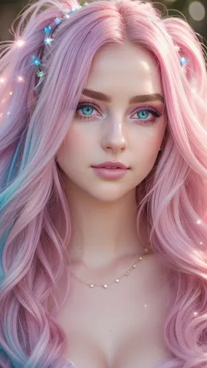 A ultra-realistic extreme close-up of a woman with heavy-half-lidded luminous eyes wakes up slowly, her icy cerulean irises that emit an inner-glow under intense golden hour light with heart shaped neon pink pupils, her intense pink voluminous hair styled in fluffy waves adorned with delicate mini-cartoon-style hearts, smokey pink glitter eyelids, bright pink glossy puffy lips. Translucent iridescent bubbles and pearlescent glittering dust floats playfully around her gaze as warm sunlight bathes her cheeks in bright pink hues, casting feather-like shadows from her long thick curled lashes, while a soft bokeh background swirls with whimsical lavender-cerulean gradients, ethereal sparkles, and light flares, blending Kawaii aesthetics with magical realism in a sun-kissed, dreamy portrait.