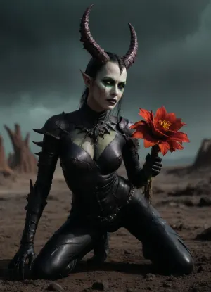 Masterpiece, Dark Eldar Succubus in sadistic BDSM armor, razor-sharp obsidian pauldrons, corset with spinal electrodes, segmented thigh-high boots, barbed collar piercing her neck, (she is crawling in desolate wasteland:1.4), (delicately holding a dying luminescent flower), (Glow-in-the-dark petals crumbling to ash), warp corruption, green warp-fire consuming rusted tanks, olumetric gloom from a cracked Warp rift above, highlighting her tear-streaked face, Ian Miller's inkwork style, 8K resolution, detailed face, lineart, aeldari, asuryani, drukhari, standart, banshee, witch, <lora:Aeldari:.8>