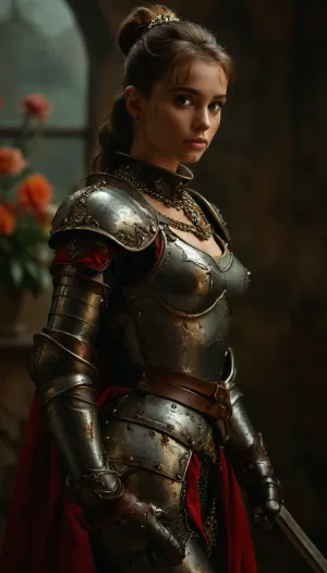 Full body view, (Movie poster for a 1960s horor movie version of breakfast at Tiffany's:1.4), beautiful sexy Girl, best quality, ultra-detailed, masterpiece, finely detail, higher, 8k wallpaper, sexy heavily armored european knight with massive tits and a slim waist plus thick thighs, elegant posture, dynamic pose, dynamic angle, dark fantasy, Rembrandt lighting, highly detailed castle overgrown with vegetation in the background, a confident plus dominant aura and demeanor, athletic body with tight abs and toned muscles, heavy weighty metal armor that's worn from battle, belts and straps, metal armor plating, metal breastplate, large metal gauntlets, large metal pauldrons, medieval knight with heavy armor, bulky thick armor, armor boots, dimly light, soft gentle lighting, chain accessories, extremely detailed face with a strong jawline plus defined cheek bones plus freckles and beauty marks, stunningly beautiful face with a intoxicatingly seductive and aroused expression, radiating powerful sexual energy, overcast and rainy, 25yo woman, cute tight ass, thick heavy metal tassets, big bow in ponytail, chainmail skirt, plain ocher velvet underdress, <lora:498614_training_data:.5>, <lora:tbh71-sdxl:.5>, <lora:MJ52:.8>