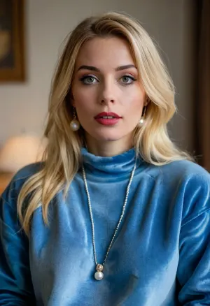 1 swiss 30yo woman, rapper, film charakter Valmira, (she wears a baggy mid blue velvet sweatshirt and velvet sweatpants:1.4), is indoors in a luxury apartment, (longest dyed blonde straight hair, middle parting with dark hairline:1.2), grey eyes, full lips, long eyelashes, pointed nose and chin, medium natural tits, rings on the fingers, long fingernails, pearl necklace with large pearls around the neck, big earrings, <lora:681678_training_data:.5>, <lora:SDXLHighDetail_v6-000005:.5>, <lora:style_lora_realis:.5>