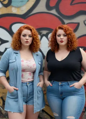 Two plus-size women in their mid-20s, dressed in modern, funky everyday clothes, are standing in front of a graffiti wall. One has long red curly hair and the other has a trendy blonde bob. Both have a cool look about them.