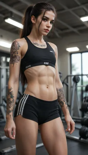 An image of a beautiful looking, pale, emo gothic gym girl, (very fit, very muscular body, 6 pack abs), long hair in a ponytail, 25 years old, she is in a sports bra and sports shorts, (skinny, flat chested), white British. She is very sweaty, sweating after a workout, messy hair., ((Arm tattoos, leg tattoos, chest tattoos, body tattoos))