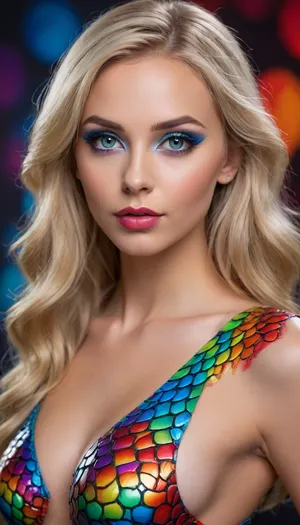 A beautiful slender woman with a bodypainting of colorful dragon scales, long blonde hair tucked behind ear, She is in a professional photo studio, 3 d style, large beautiful crystal bright blue eyes, pretty coquettish face, detailed eyes, detailed pupils, heartshaped lips, lip gloss, (olive skin), head tilted with chin down and looking up at you, view from half back side