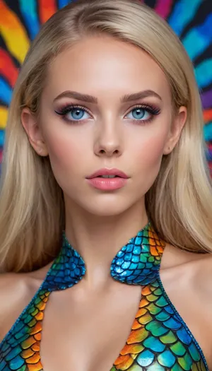 A beautiful slender woman with a bodypainting of colorful dragon scales, long blonde hair tucked behind ears, She is in a professional photo studio, 3 d style, large beautiful crystal bright blue eyes, colorful, pretty coquettish face, detailed eyes, detailed pupils, heartshaped lips, lip gloss, olive skin, view from half back side