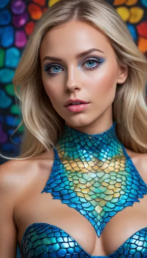 A beautiful slender woman with a bodypainting of colorful dragon scales, deeply tanned skin, long blonde hair tucked behind ear, head down and looking up at you, She is in a professional photo studio, 3 d style, (large beautiful crystal bright blue eyes), pretty coquettish face, detailed eyes, detailed pupils, heartshaped lips, natural lip color, clear lip gloss, full view of head and breasts, view from half back side