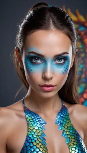 A beautiful slender woman with a bodypainting of colorful dragon scales, deeply tanned skin, long black hair tucked behind ear, head tilted down and looking up at you, She is in a professional photo studio, 3 d style, (large beautiful crystal bright blue eyes), pretty coquettish face, detailed eyes, detailed pupils, heartshaped lips, natural lip color, clear lip gloss, (full view of head and cleavage), view from half back side