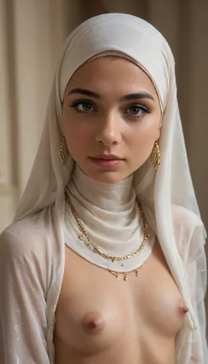 a silver hijab girl, portrait, delicately rendered but majestically scaled jewelry hair ornament, medium body and naked, silver hijab, Small naked breasts, (beautiful straight hijab), bangs, jewelry, earrings. white dress, (masterpiece, top quality, best quality, official art, beautiful and aesthetic:1.2), (1girl:1.4), extreme detailed, highest detailed, simple background, 16k, high resolution, perfect dynamic composition, (sharp focus:1.2), super wide angle, high angle, high color contrast, medium wide shot, depth of field, blurry background, look at viewer, cinematic lighting, highest detailed eyes, DonMM1y4XL, Extremely Realistic, Extremely Realistic Style LoRA, V1.0, <lora:ahxl_v1:.8>