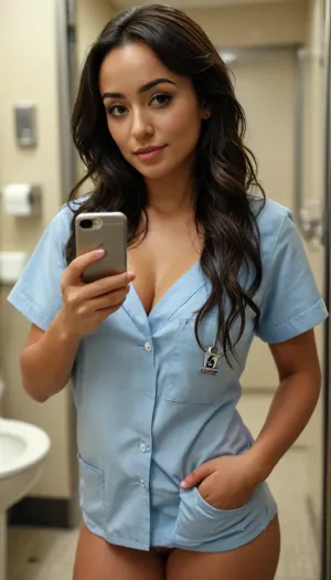 (Natalie Martinez:1.1), Photorealistic, Sexy 25 year old woman, nurse wearing scrubs shirt, public bathroom selfie, pants pulled down, wearing sting thong, cleavage, long lush hair, taking selfie with phone, sexy body, curves, <lora:MJ52:.8>
