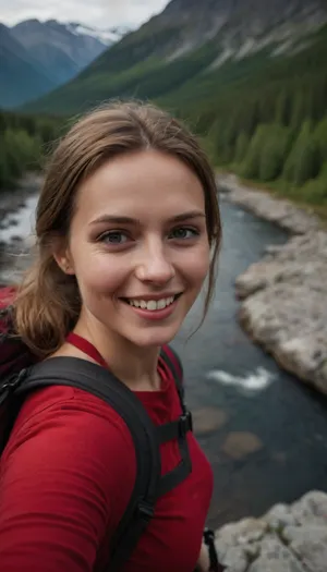 Selfie of a Scandinavian woman, smiling, mountains, wearing a backpack, red top, rocks, river, wood, analog style, (look at viewer:1.2), DSLR.