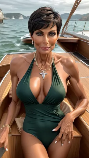 woman entire body head to toe, (riva wooden motor boat), (erotic high end seaside luxury), big eyes, high cheek bones, green nail polish, abundant glamourous jewelry, european, ((very dark tanned)), 60 years old, nude, (very lean and muscular), ((very tall)), ((super pixie haircut)), Midjourney, MJ, style