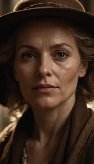 Photorealistic, visionary portrait of a dignified milf with weather-worn features, digitally enhanced, high contrast.