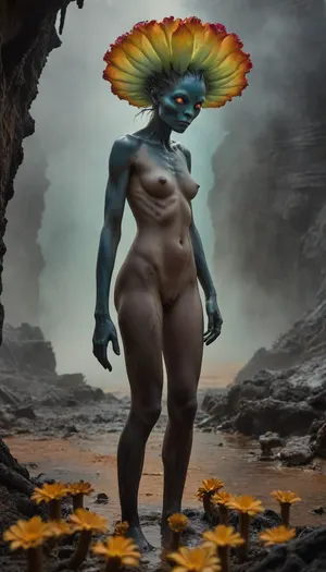 Rating_explicit, nudity, NSFW, Gem-based alien in obsidian exoskeleton, bent over dying prismatic flower whose roots pierce her palm. Petrified sulfur forest with geyser-fog, geothermal horror
