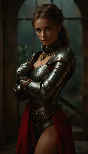 Full body view, (Movie poster for a 1960s horor movie version of breakfast at Tiffany's:1.4), beautiful sexy Girl, best quality, ultra-detailed, masterpiece, finely detail, higher, 8k wallpaper, sexy heavily armored european knight with massive tits and a slim waist plus thick thighs, elegant posture, dynamic pose, dynamic angle, dark fantasy, Rembrandt lighting, highly detailed castle overgrown with vegetation in the background, a confident plus dominant aura and demeanor, athletic body with tight abs and toned muscles, heavy weighty metal armor that's worn from battle, belts and straps, metal armor plating, metal breastplate, large metal gauntlets, large metal pauldrons, medieval knight with heavy armor, bulky thick armor, armor boots, dimly light, soft gentle lighting, chain accessories, extremely detailed face with a strong jawline plus defined cheek bones plus freckles and beauty marks, stunningly beautiful face with a intoxicatingly seductive and aroused expression, radiating powerful sexual energy, overcast and rainy, 25yo woman, cute tight ass, thick heavy metal tassets, big bow in ponytail, chainmail skirt, plain ocher velvet underdress, <lora:498614_training_data:.5>, <lora:tbh71-sdxl:.5>, <lora:MJ52:.8>
