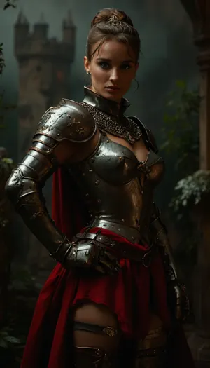 Full body view, (Movie poster for a 1960s horor movie version of breakfast at Tiffany's:1.4), beautiful sexy Girl, best quality, ultra-detailed, masterpiece, finely detail, higher, 8k wallpaper, sexy heavily armored european knight with massive tits and a slim waist plus thick thighs, elegant posture, dynamic pose, dynamic angle, dark fantasy, Rembrandt lighting, highly detailed castle overgrown with vegetation in the background, a confident plus dominant aura and demeanor, athletic body with tight abs and toned muscles, heavy weighty metal armor that's worn from battle, belts and straps, metal armor plating, metal breastplate, large metal gauntlets, large metal pauldrons, medieval knight with heavy armor, bulky thick armor, armor boots, dimly light, soft gentle lighting, chain accessories, extremely detailed face with a strong jawline plus defined cheek bones plus freckles and beauty marks, stunningly beautiful face with a intoxicatingly seductive and aroused expression, radiating powerful sexual energy, overcast and rainy, 25yo woman, cute tight ass, thick heavy metal tassets, big bow in ponytail, chainmail skirt, plain ocher velvet underdress, <lora:498614_training_data:.5>, <lora:tbh71-sdxl:.5>, <lora:MJ52:.8>