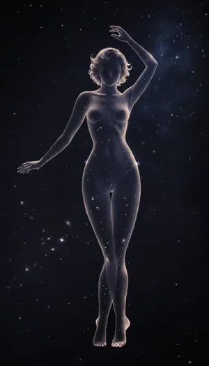 night sky. A strip of the horizon is visible, The transparent silhouette of a dancing sexy Goddess of Love is made up of stars. She is a constellation in the sky. The constellation shines much brighter than all the others.

A mysterious naked transluent silhouette of a sexy woman made of starlight, ((a transparent silhouette of a sexy woman made out of constellation style and signs with stars)), hold in hand moon, <lora:c0nst3llation:1.2>