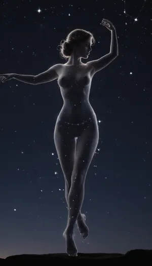 night sky. A strip of the horizon is visible, The transparent silhouette of a dancing sexy Goddess of Love is made up of stars. She is a constellation in the sky. The constellation shines much brighter than all the others.

A mysterious naked transluent silhouette of a sexy woman made of starlight, ((a transparent silhouette of a sexy woman made out of constellation style and signs with stars)), hold in hand moon, <lora:c0nst3llation:1.2>