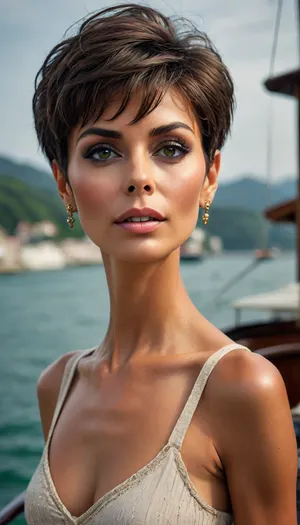 woman entire body head to toe, (riva wooden motor boat), (high end seaside luxury), big eyes, high cheek bones, green nail polish, abundant glamourous jewelry, european, ((very dark tanned)), 60 years old, nude, very muscular, ((very tall)), ((super pixie haircut)), Midjourney, MJ, style, poster, <lora:Midjourney_style:.8>