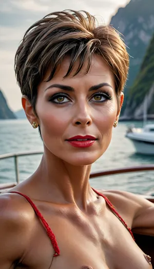 naked woman entire body head to toe, (riva wooden motor boat), (erotic high end seaside luxury), big eyes, high cheek bones, (red nail polish), abundant glamourous jewelry, european, ((very dark tanned)), 60 years old, nude, (very lean and muscular), ((very tall)), ((super pixie haircut)), (narrow hairy stripe above vagina), Midjourney, MJ, style, poster, uberfit, muscular, athletic, <lora:Midjourney_style:.8>, <lora:uberfit_lora_sdxl:.1>