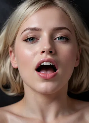 very very close up, various angles, head shot, A beautiful russian woman lying down on her back illuminated against a plain dark background. Front lit, diffused background light, Glowing, shining, pale skin, oily skin, hard light, hourglass figure, perfect face, perfect mouth, perfect blue eyes, Brunette, white hair, Bangs, hair behind, full of emotion, happy, mischievous smile, sensual, licking lips, tongue out, ready to suck cock, eyes half closed, POV, from below