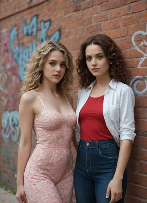 Two plus-size women in their mid-20s, dressed in modern, funky everyday clothes, are standing in front of a graffiti wall. One has long red curly hair and the other has a trendy blonde bob. Both have a cool look about them.