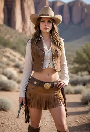 Rowdy Rhonda, (female cowboy), (brown leather outfit), (fringed leather skirt), (fringed leather vest), cowboy hat, sheriffs badge, large gold star on belt, holding a revolver, wide-eyed expression, (tan skin), (medium-length straight brown hair), dynamic pose, walking forward, soft lighting, western landscape in the background, rocky outcropping, (large breasts), (exaggerated features)