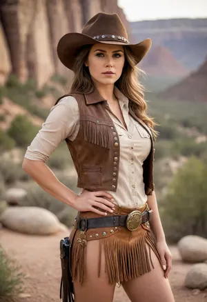 Rowdy Rhonda, (female cowboy), (brown leather outfit), (fringed leather skirt), (fringed leather vest), cowboy hat, sheriffs badge, large gold star on belt, holding a revolver, wide-eyed expression, (tan skin), (medium-length straight brown hair), dynamic pose, walking forward, soft lighting, western landscape in the background, rocky outcropping, (large breasts), (exaggerated features)