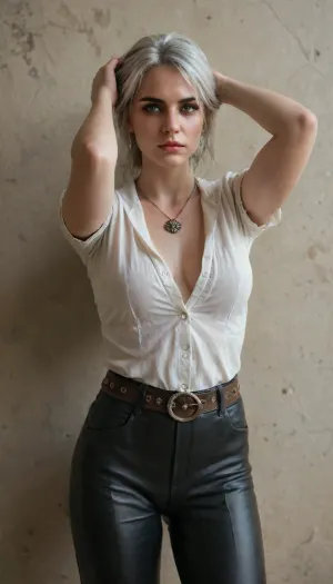 (Character), Ciri from The Witcher, a fitted white tunic with intricate silver embroidery, dark leather pants, a short gray cloak with a hood, and a silver medallion necklace with a wolf emblem. Include a leather belt with pouches and a sword sheath, (Physique), detail face, She has her black hair tied back, large bust, curvy physique, (Background), simple plain wall, (Expression), standing straight in a sexy way, hands over her head, (view), front-straight view, (Image quality), 8k resolution, high definition, ultra high clarity.