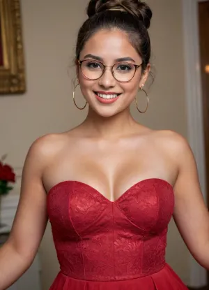 Beautiful latina, 20 yo, curvy, perfect hands, perfect eyes, perfect legs, beautiful smile, no makeup, Brown eyes, wearing glasses, bun hairstyle, gold hoop earrings.Standing wearing a sexy red dress in a weeding party, she is really happy, perfect nose